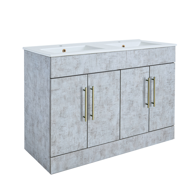 Milano Lurus - Concrete Grey 1210mm Modern Vanity Unit with Double Basin and Brushed Brass T-Bar Handles