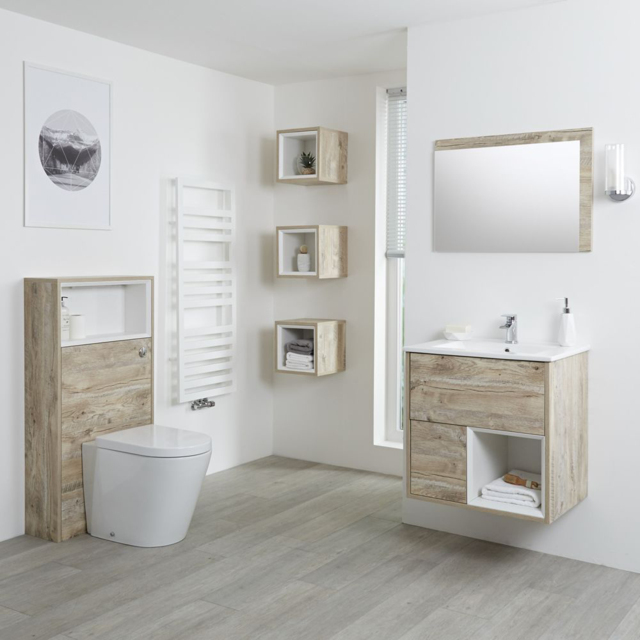 Milano Bexley - 600mm Light Oak Vanity Unit, WC Unit, 300mm Storage Units and Mirror - With LED