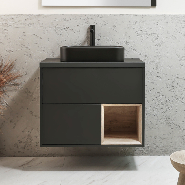 Milano Bexley - 800mm Wall Hung Black Grey Open Shelf Vanity Unit with Rectangular Graphite Countertop Basin and LED Light