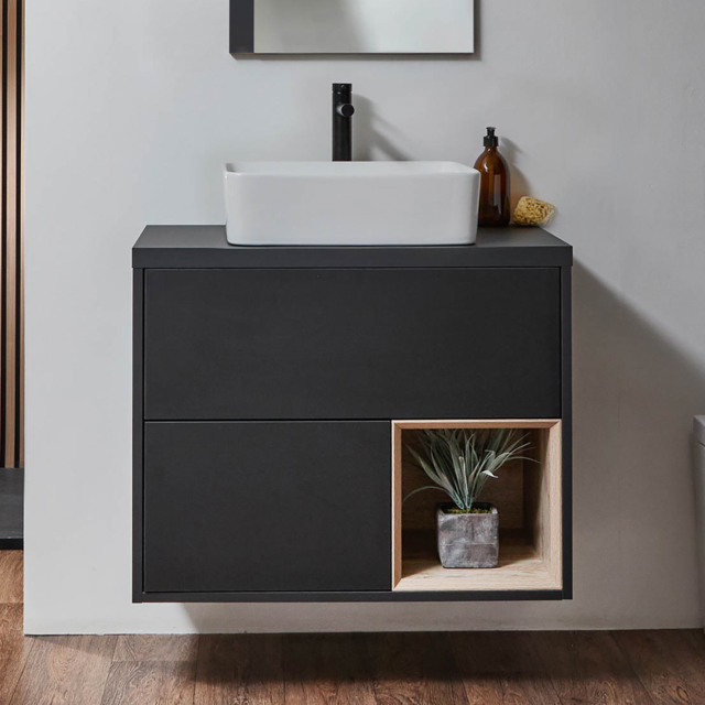 Milano Bexley - Black Grey 800mm Wall Hung Open Shelf Vanity Unit with Rectangular Countertop Basin