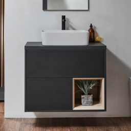 Milano Bexley - Black Grey 800mm Wall Hung Open Shelf Vanity Unit with Rectangular Countertop Basin