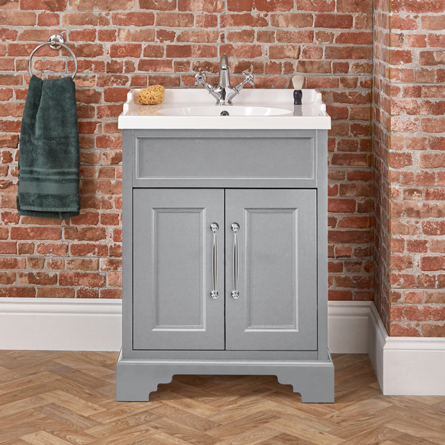 Milano Thornton - Light Grey 635mm Traditional Vanity Unit with Basin and Classic T-Bar Chrome Handles