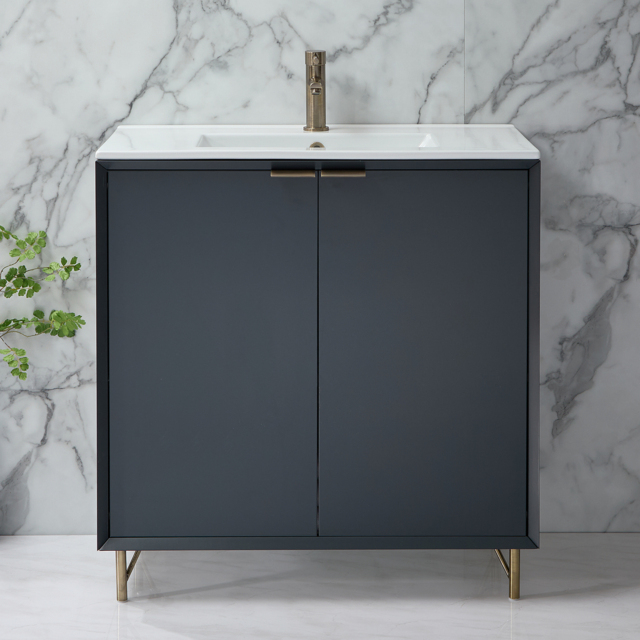 Milano Edge - Anthracite 810mm Modern Vanity Unit with Basin and Aged Gold Finger Pull Handles