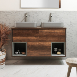 Milano Bexley - 1200mm Wall Hung Dark Oak Open Shelf Vanity Unit with Rectangular Pebble Countertop Basins and LED Light