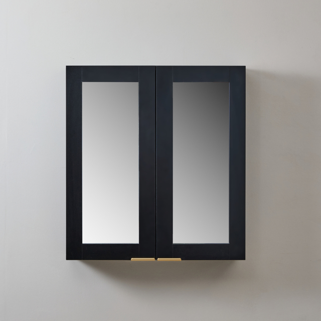 Milano Lurus - Black Grey Modern Mirrored Cabinet - 600mm x 650mm - Brushed Brass Finger Pull Handles