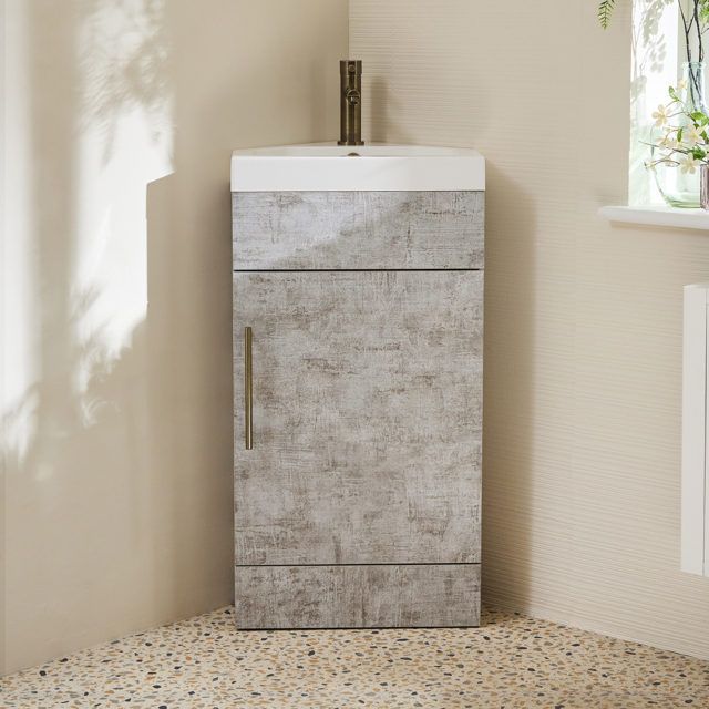 Milano Lurus - Concrete Grey 450mm Modern Cloakroom Corner Vanity Unit with Basin and Aged Gold T-Bar Handles
