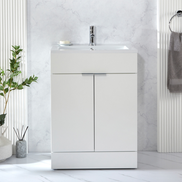 600mm Freestanding Vanity Unit with Inset Basin & Chrome Pull Handle - image 1