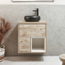Milano Bexley - 600mm Wall Hung Light Oak Open Shelf Vanity Unit with Round Graphite Countertop Basin