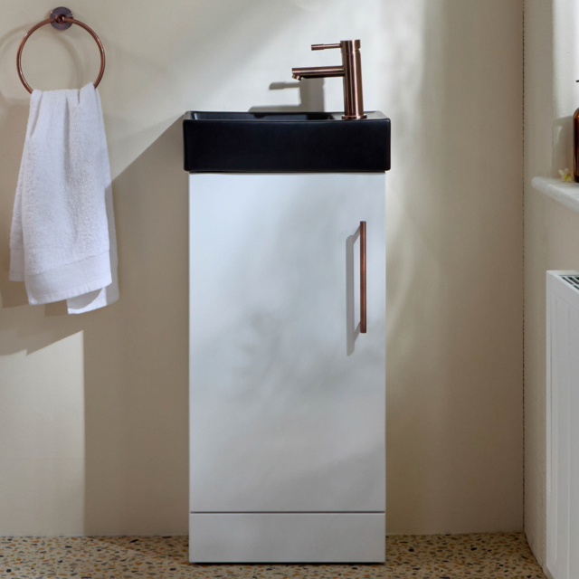 Milano Lurus - White 400mm Compact Freestanding Cloakroom Vanity Unit and Black Basin - with Aged Bronze T-Bar Handle