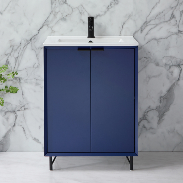 Milano Edge - Navy Blue 610mm Modern Vanity Unit with Basin and Black Finger Pull Handles