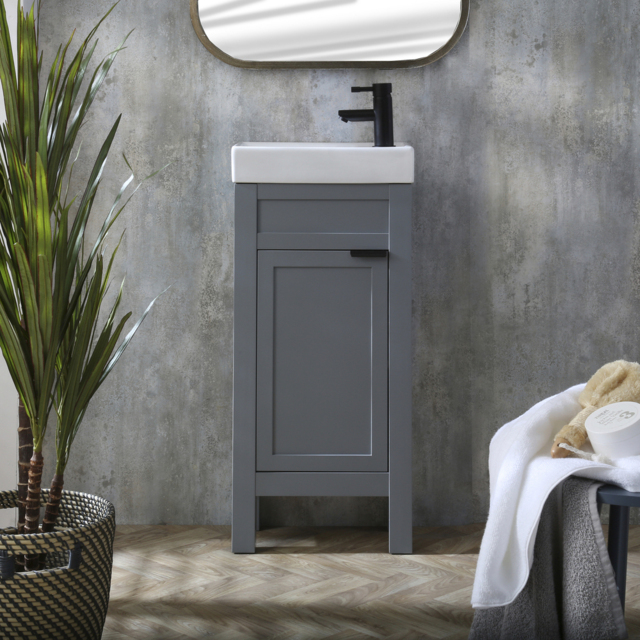 Milano Aston - Light Grey 400mm Traditional Cloakroom Vanity Unit with Basin and Black Modern Finger Pull Handle