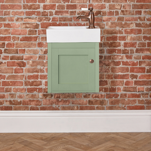 Milano Thornton - Pastel Green 400mm Wall Hung Traditional Cloakroom Vanity Unit with Basin and Classic Round Aged Bronze Handle