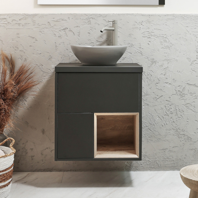 Milano Bexley - 600mm Wall Hung Black Grey Open Shelf Vanity Unit with Oval Pebble Countertop Basin and LED Light