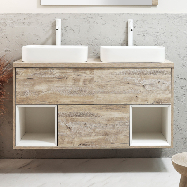Milano Bexley - 1200mm Wall Hung Light Oak Open Shelf Vanity Unit with Rectangular Chalk Countertop Basins