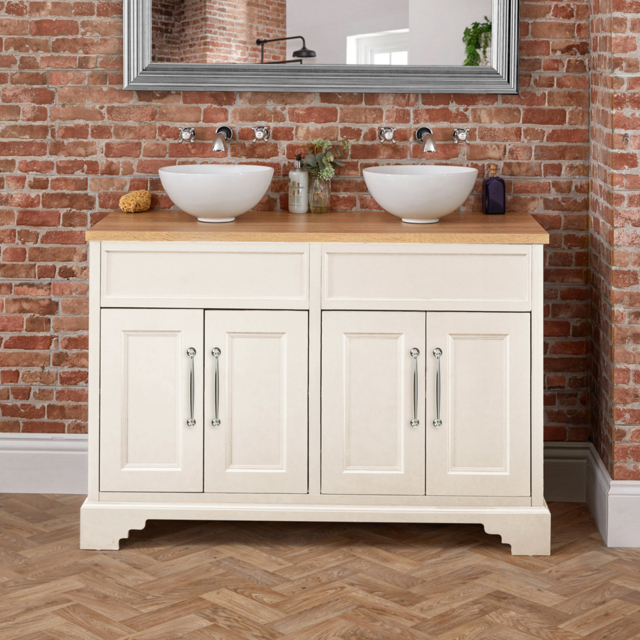 Milano Thornton - Antique White 1210mm Traditional Vanity Unit with Round Countertop Basins and Classic Round Black Handles