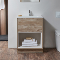 Milano Bexley - Light Oak 610mm Floor Standing Open Shelf Vanity Unit with White Basin