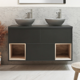Milano Bexley - 1200mm Wall Hung Black Grey Open Shelf Vanity Unit with Oval Pebble Countertop Basins and LED Light