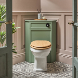 Milano Thornton - Pastel Green Traditional Corner WC Unit with Richmond Back to Wall Toilet, Black Flush and Oak Soft Close Seat