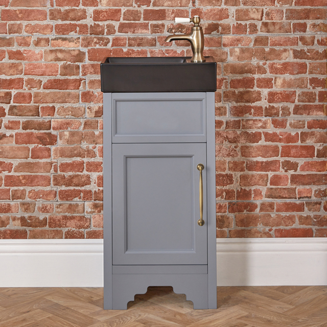 Milano Thornton - Light Grey 400mm Traditional Cloakroom Vanity Unit with Black Basin and Classic T-Bar Aged Gold Handle