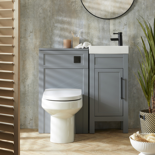 Milano Aston - Light Grey 400mm Traditional Vanity Unit with Basin, and Modern T-Bar Black Handle and WC Unit with Ballam Back to Wall Toilet