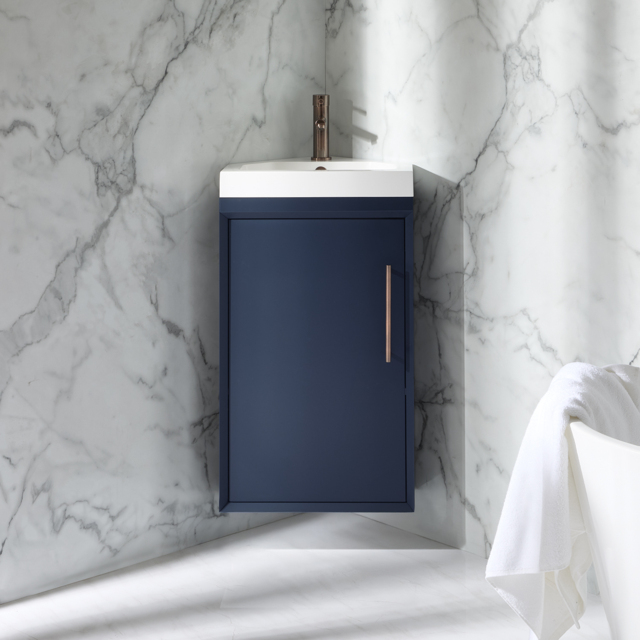 Milano Edge - Navy Blue 450mm Wall Hung Modern Cloakroom Corner Vanity Unit with Basin and Aged Bronze T-Bar Handle