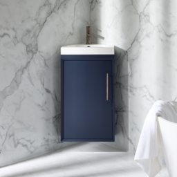 Milano Edge - Navy Blue 450mm Wall Hung Modern Cloakroom Corner Vanity Unit with Basin and Aged Bronze T-Bar Handle