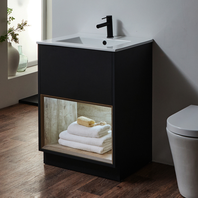 Milano Bexley - Black Grey 610mm Floor Standing Open Shelf Vanity Unit with White Basin and LED Light