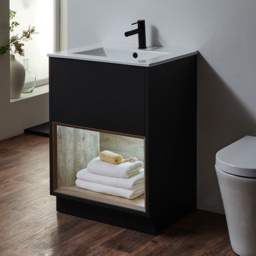 Milano Bexley - Black Grey 610mm Floor Standing Open Shelf Vanity Unit with White Basin and LED Light