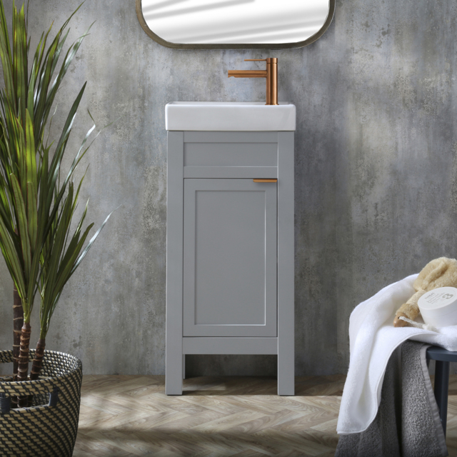 Milano Aston - Light Grey 400mm Traditional Cloakroom Vanity Unit with Basin and Brushed Copper Modern Finger Pull Handle