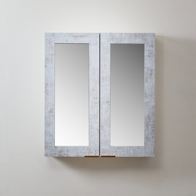 Milano Lurus - Concrete Grey Modern Mirrored Cabinet - 600mm x 650mm - Brushed Copper Finger Pull Handles
