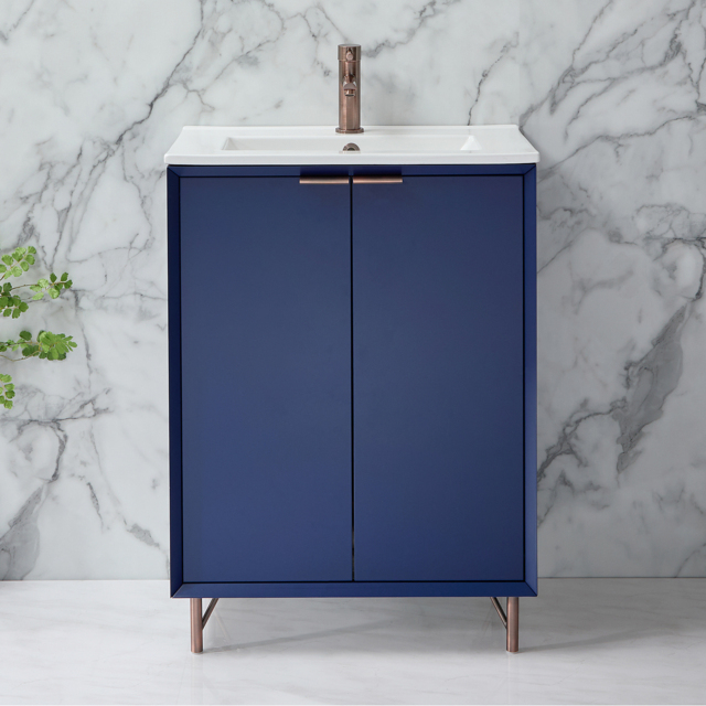Milano Edge - Navy Blue 610mm Modern Vanity Unit with Basin and Aged Bronze Finger Pull Handles