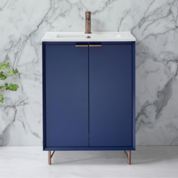 600mm Navy Stylish Floorstanding Basin Vanity Unit and Copper Finger Pull Handle Milano Edge - thumbnail 1