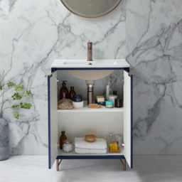 600mm Navy Stylish Floorstanding Basin Vanity Unit and Copper Finger Pull Handle Milano Edge - thumbnail 3