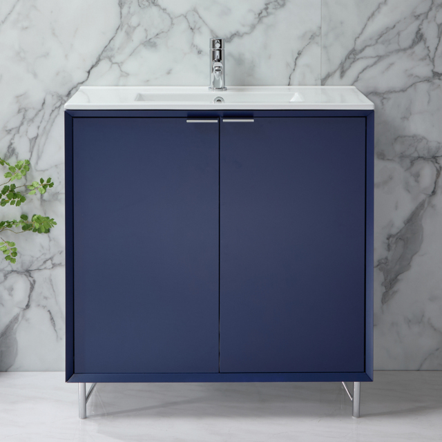 Milano Edge - Navy Blue 810mm Modern Vanity Unit with Basin and Chrome Finger Pull Handles