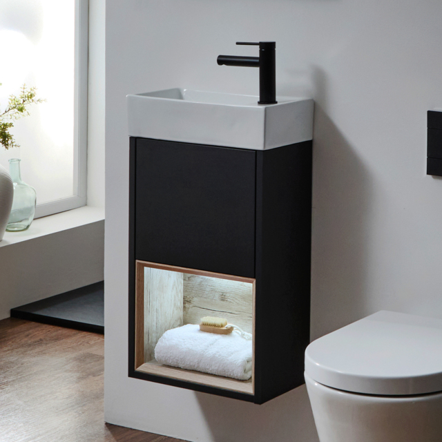 Milano Bexley - Black Grey 400mm Wall Hung Open Shelf Cloakroom Vanity Unit with Basin and LED Light
