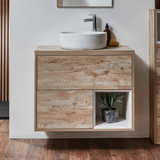 Milano Bexley - Light Oak 800mm Wall Hung Open Shelf Vanity Unit with Round Countertop Basin
