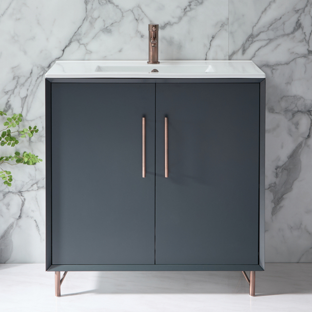 Anthracite Grey 800mm Modern Freestanding Basin Vanity Unit with Copper T-Bar Handle - image 1