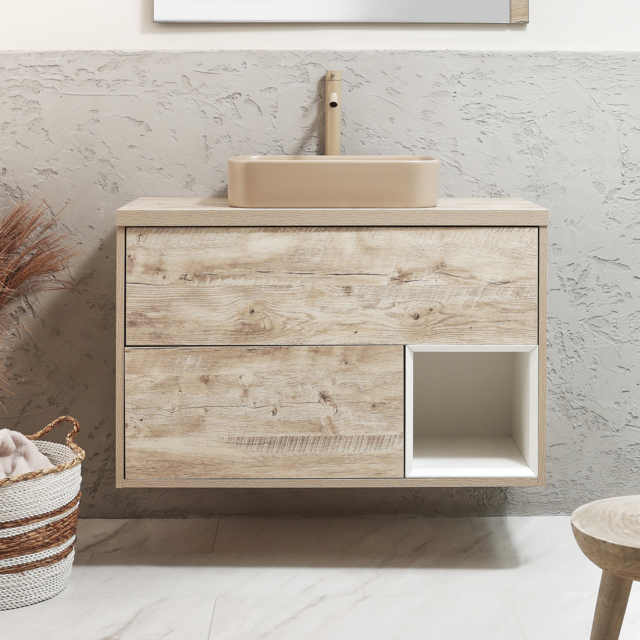 Milano Bexley - 1000mm Light Oak Wall Hung Vanity Unit with Rectangular Sand Countertop Basin - With LED