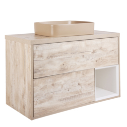 1000mm Light Oak Wall Hung Vanity Unit with Rectangular Sand Countertop Basin - With LED Milano Bexley - thumbnail 5