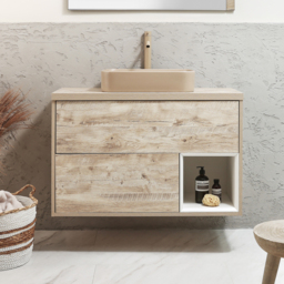 1000mm Light Oak Wall Hung Vanity Unit with Rectangular Sand Countertop Basin - With LED Milano Bexley - thumbnail 2