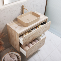 1000mm Light Oak Wall Hung Vanity Unit with Rectangular Sand Countertop Basin - With LED Milano Bexley - thumbnail 4
