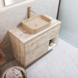 1000mm Light Oak Wall Hung Vanity Unit with Rectangular Sand Countertop Basin - With LED Milano Bexley - thumbnail 3