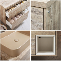 1000mm Light Oak Wall Hung Vanity Unit with Rectangular Sand Countertop Basin - With LED Milano Bexley - thumbnail 6