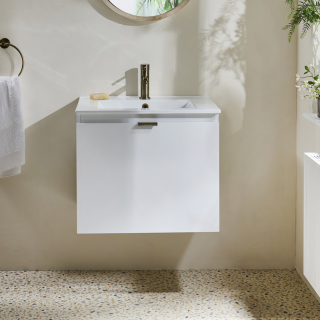 Milano Lurus - White 600mm Wall Hung Modern Vanity Unit with Basin and Brushed Gold Finger Pull Handle