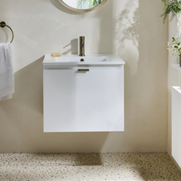 Milano Lurus - White 600mm Wall Hung Modern Vanity Unit with Basin and Brushed Gold Finger Pull Handle