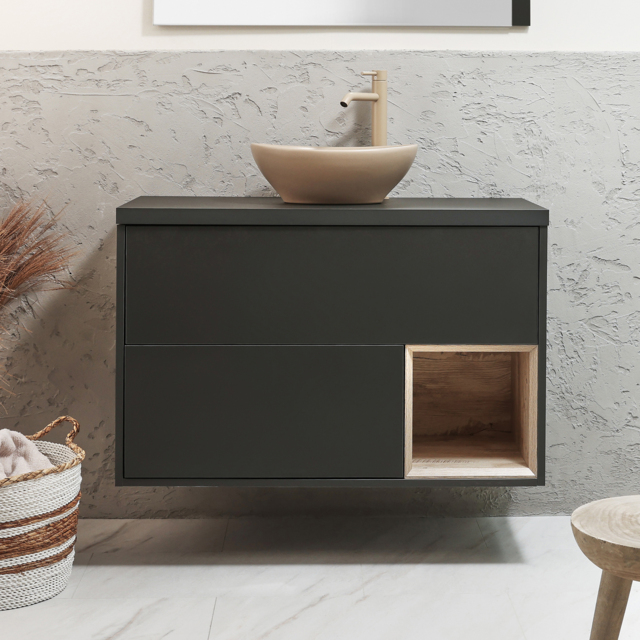 Milano Bexley - 1000mm Black Grey Wall Hung Vanity Unit with Oval Pebble Countertop Basin - With LED