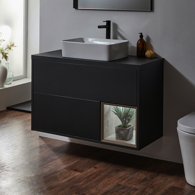 Milano Bexley - Black Grey 1000mm Wall Hung Open Shelf Vanity Unit with Rectangular Countertop Basin and LED Light