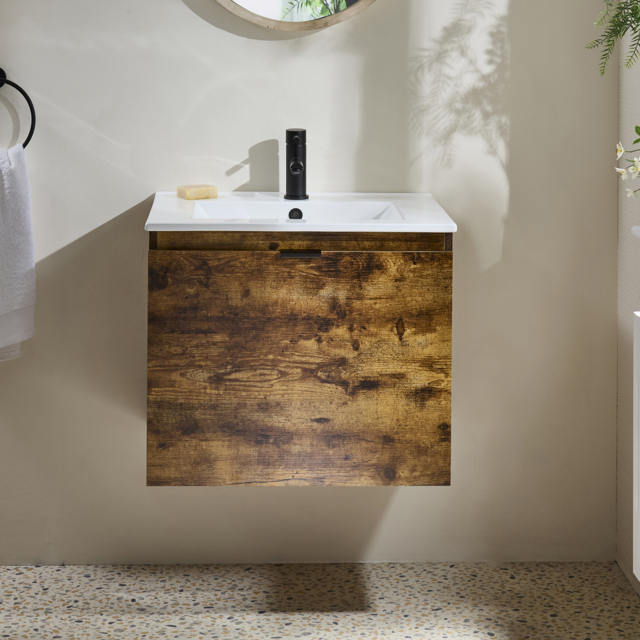 Milano Lurus - Dark Oak 600mm Wall Hung Modern Vanity Unit with Basin and Black Finger Pull Handle