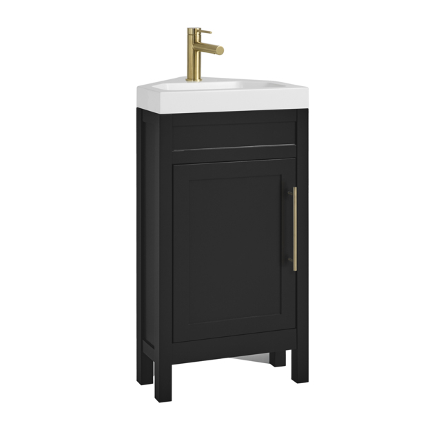 Milano Aston - Black Grey 450mm Traditional Cloakroom Corner Vanity Unit with Basin and Brushed Brass Modern T-Bar Handle