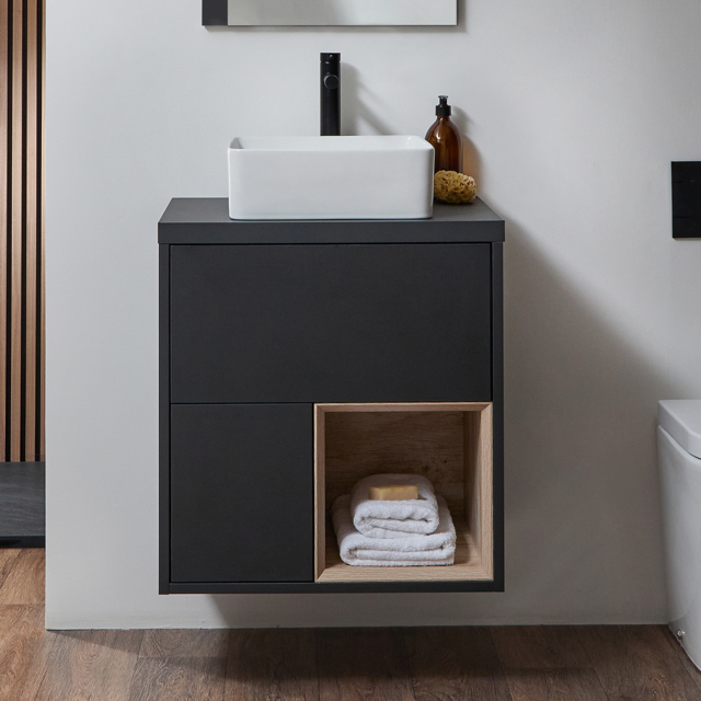 600mm Black Grey Wall Hung Vanity Unit w/ Countertop Basin & LED - image 1